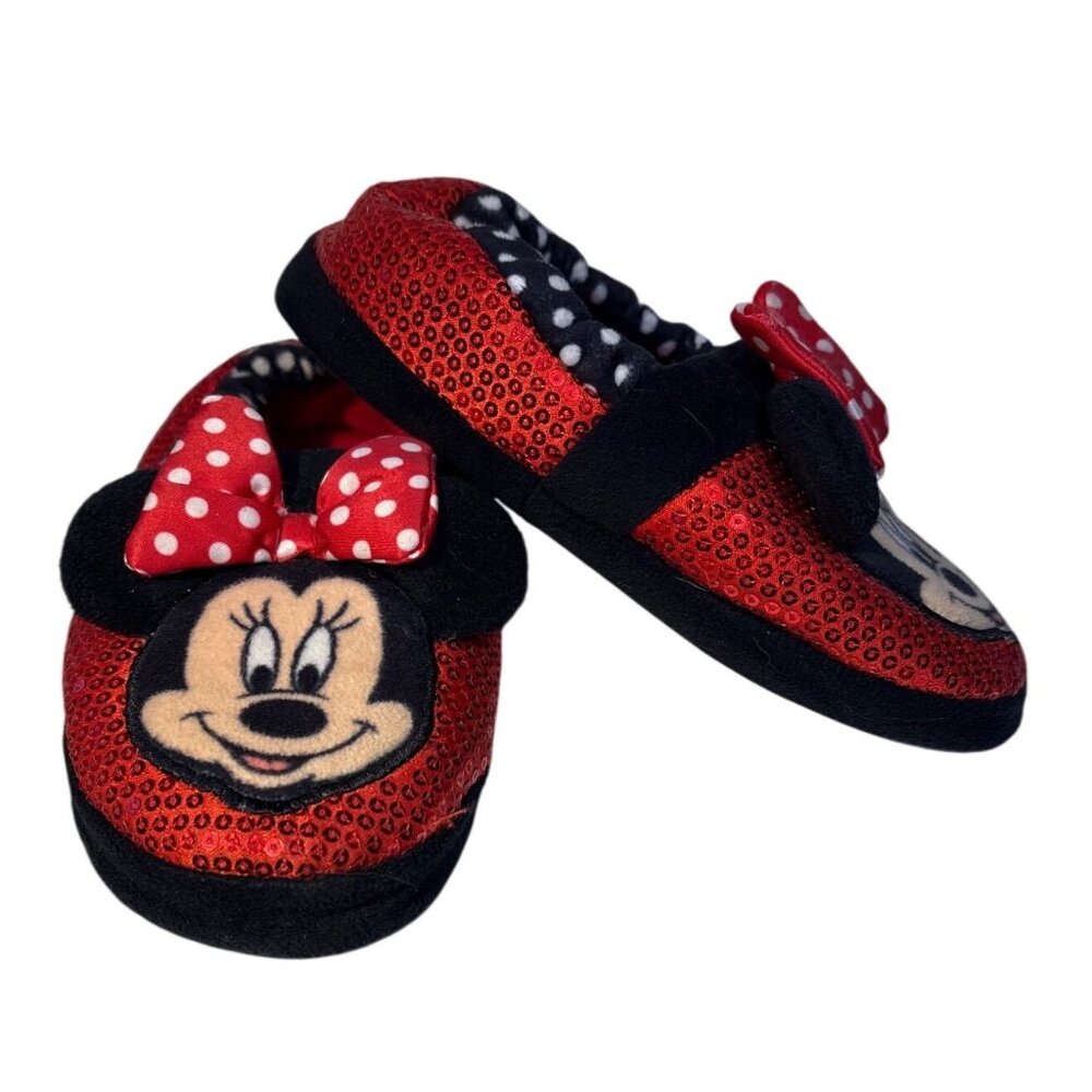 Disney Minnie Mouse Slippers Girls Sequin Red & Black Size 9-10 Like New